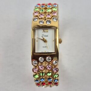 Vivani Rhinestone Cuff Watch Gold Tone Multicolor Japan Movt Vtg Needs Battery